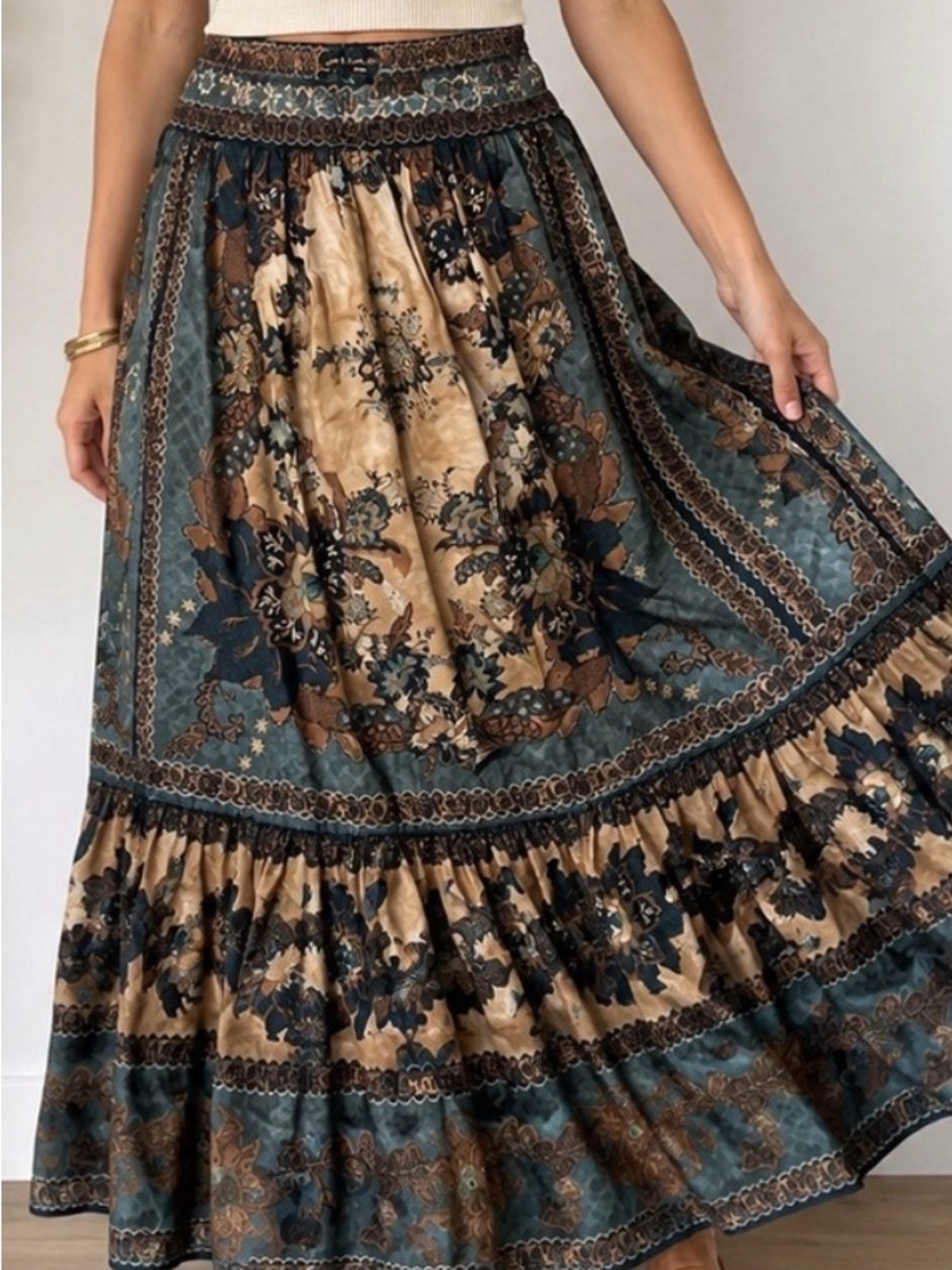 House of Harlow 1960 Teal and Brown Floral Tiered Maxi Skirt